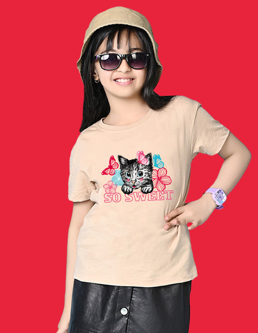 Nusyl Girls Beige cat & so sweet text Printed  Short sleeve Cotton Blend Oversized T-shirts