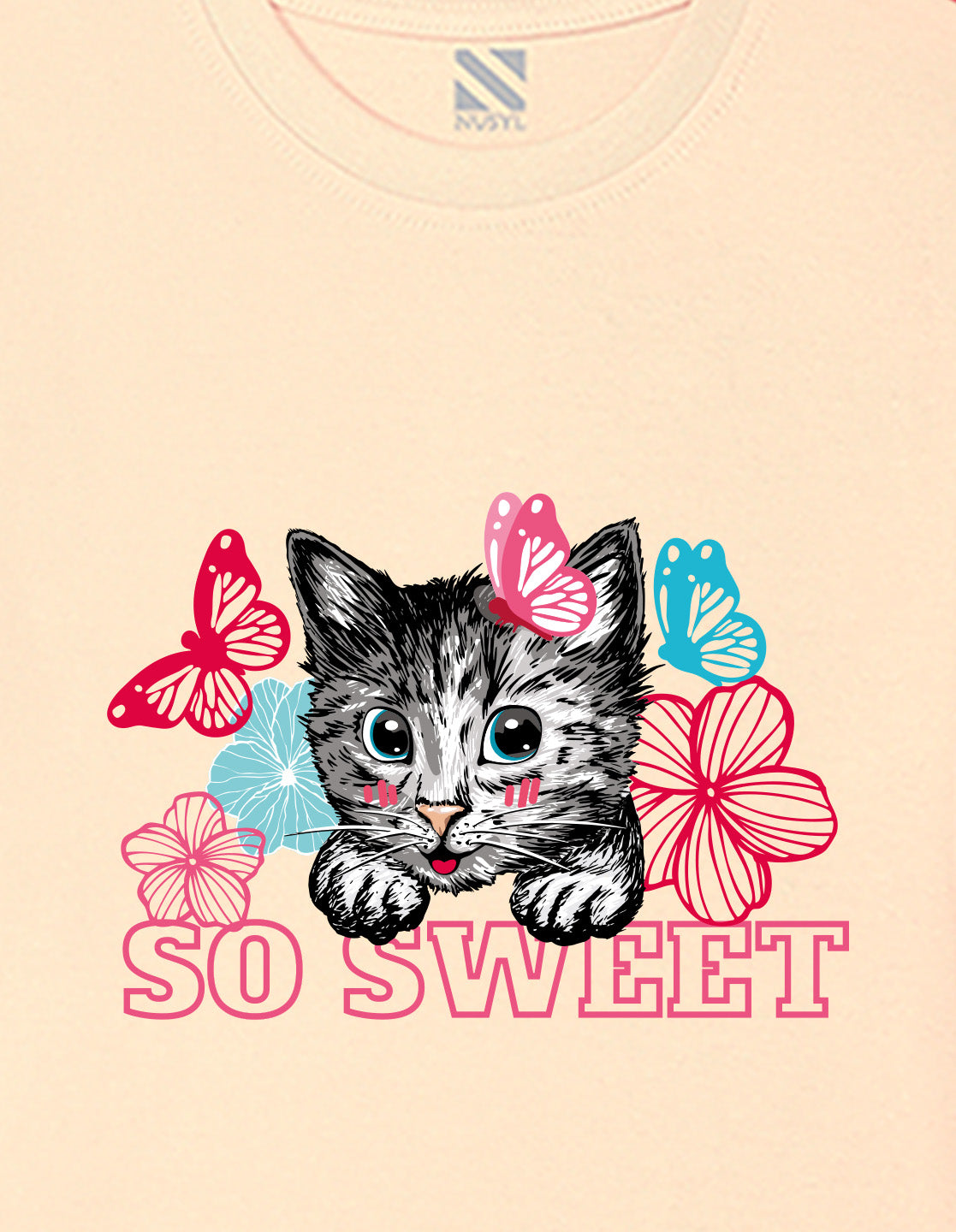 Nusyl Girls Beige cat & so sweet text Printed  Short sleeve Cotton Blend Oversized T-shirts