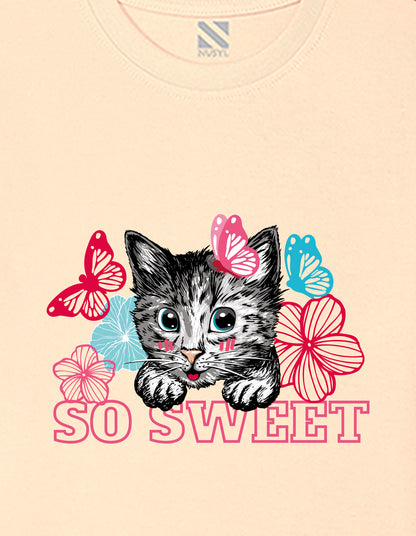 Nusyl Girls Beige cat & so sweet text Printed  Short sleeve Cotton Blend Oversized T-shirts