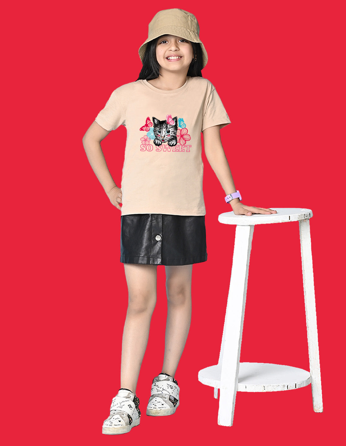 Nusyl Girls Beige cat & so sweet text Printed  Short sleeve Cotton Blend Oversized T-shirts