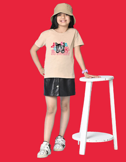 Nusyl Girls Beige cat & so sweet text Printed  Short sleeve Cotton Blend Oversized T-shirts