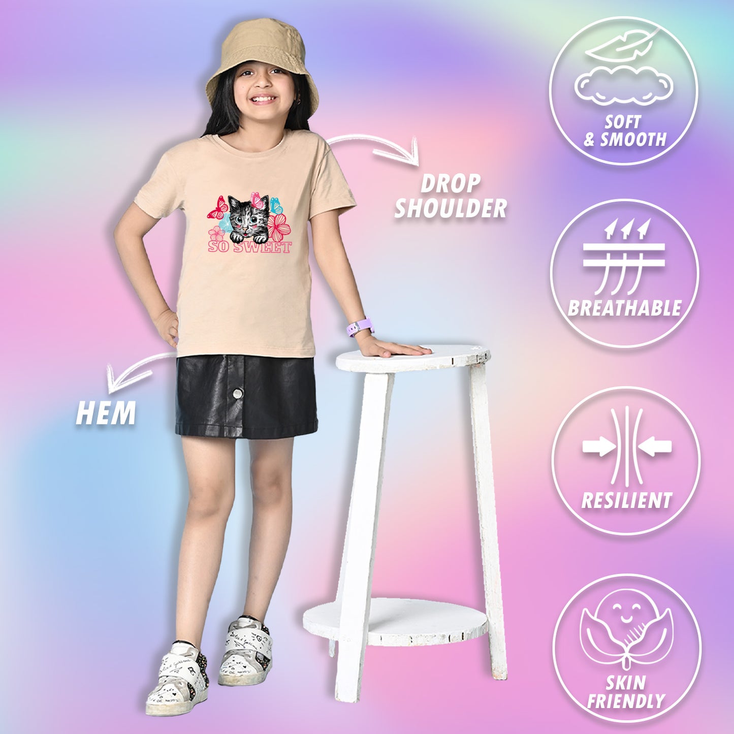 Nusyl Girls Beige cat & so sweet text Printed  Short sleeve Cotton Blend Oversized T-shirts