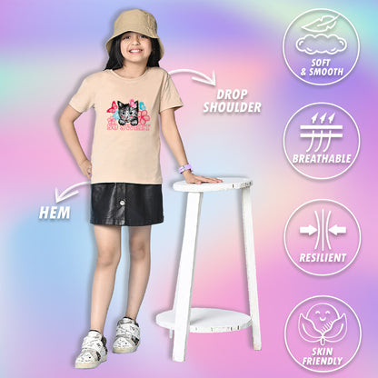 Nusyl Girls Beige cat & so sweet text Printed  Short sleeve Cotton Blend Oversized T-shirts