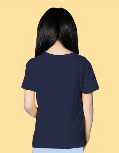 Nusyl Girls Navy Blue cat & so sweet text Printed  Short sleeve Cotton Blend Oversized T-shirts