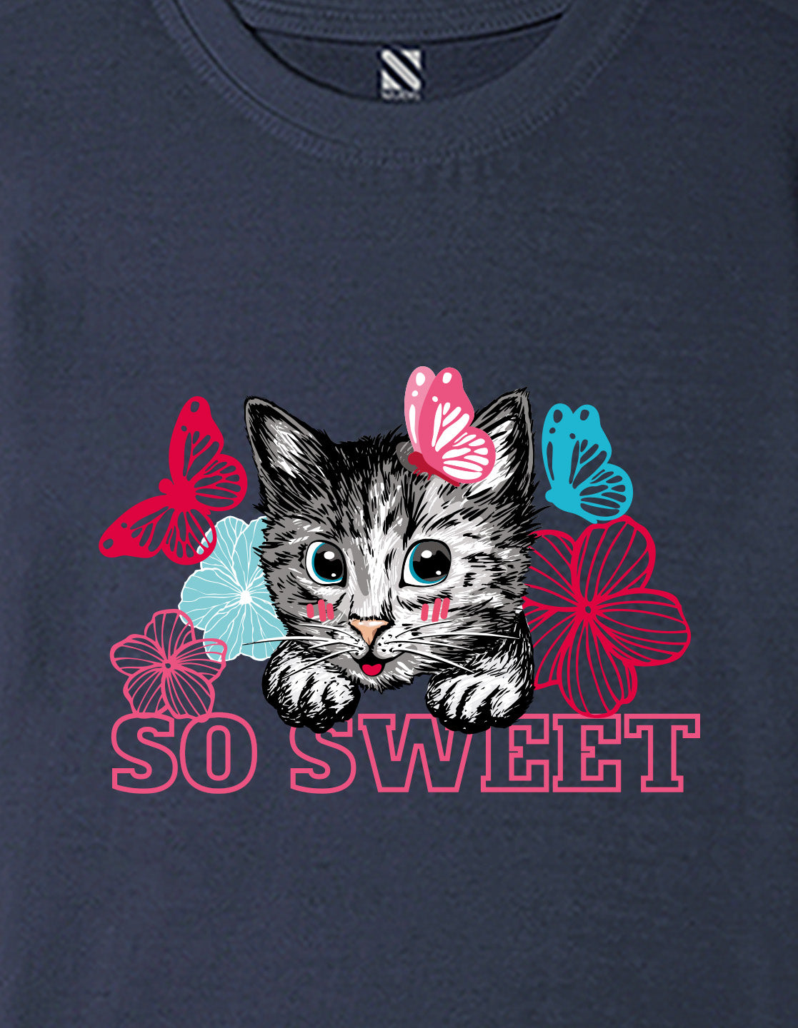 Nusyl Girls Navy Blue cat & so sweet text Printed  Short sleeve Cotton Blend Oversized T-shirts