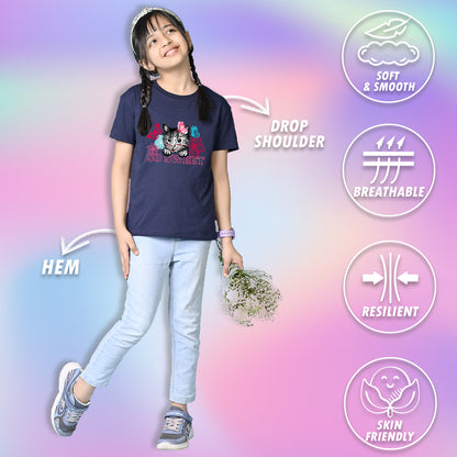 Nusyl Girls Navy Blue cat & so sweet text Printed  Short sleeve Cotton Blend Oversized T-shirts