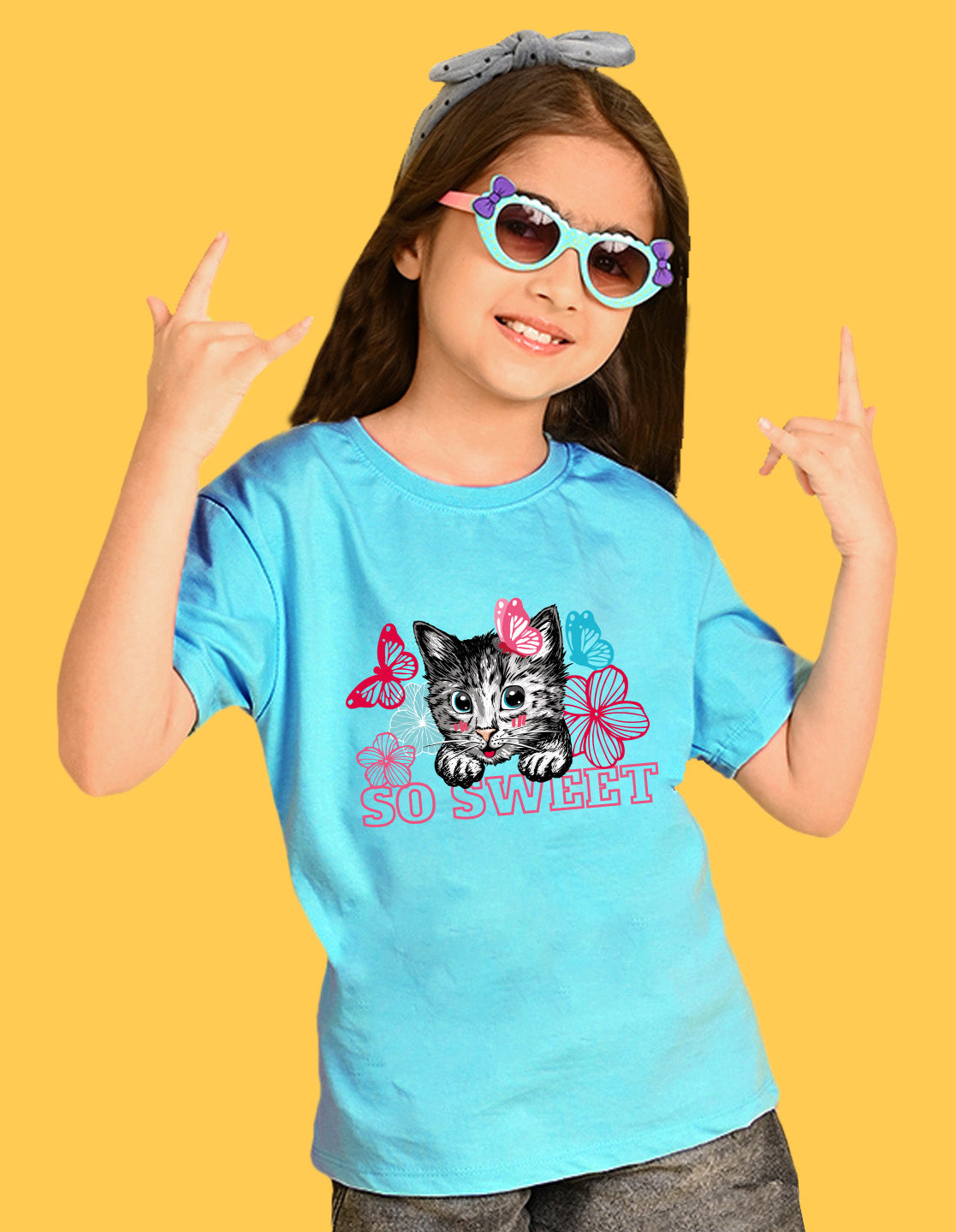Nusyl Girls Sky Blue cat & so sweet text Printed  Short sleeve Cotton Blend Oversized T-shirts