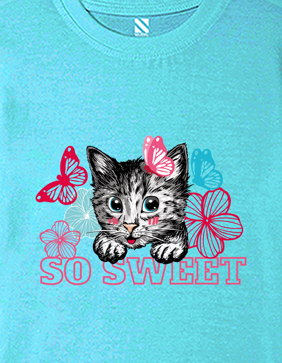 Nusyl Girls Sky Blue cat & so sweet text Printed  Short sleeve Cotton Blend Oversized T-shirts