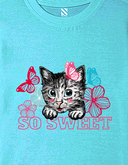 Nusyl Girls Sky Blue cat & so sweet text Printed  Short sleeve Cotton Blend Oversized T-shirts