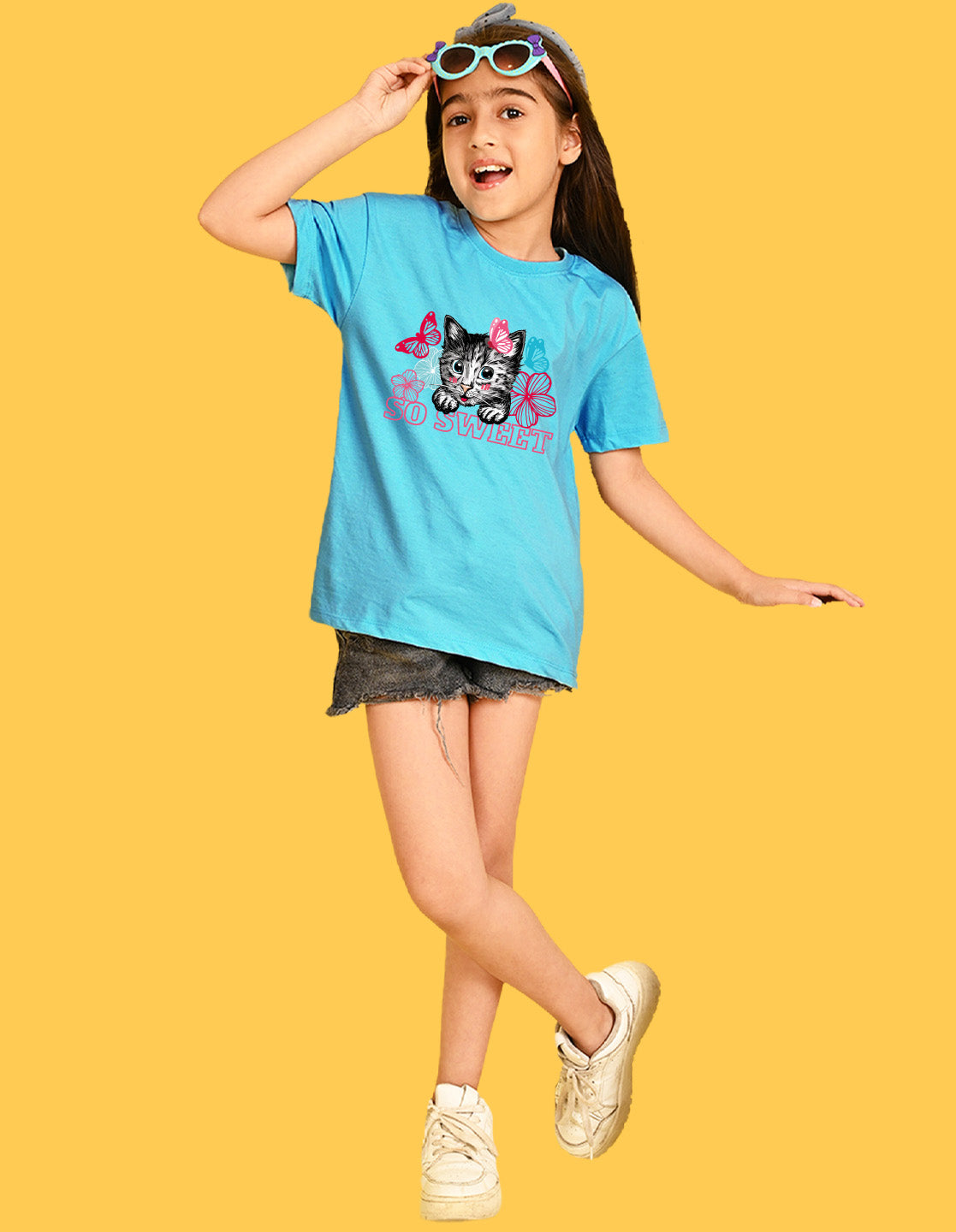 Nusyl Girls Sky Blue cat & so sweet text Printed  Short sleeve Cotton Blend Oversized T-shirts