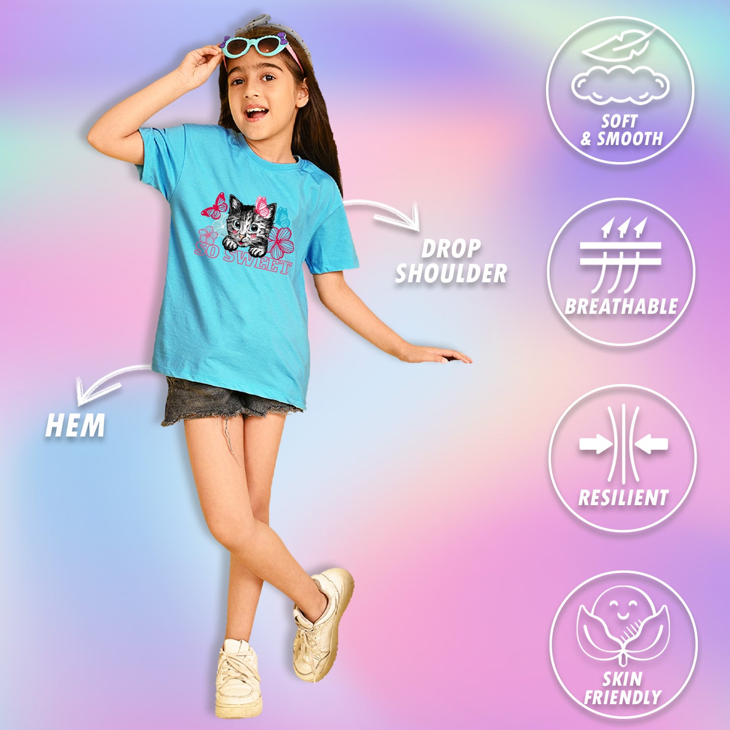 Nusyl Girls Sky Blue cat & so sweet text Printed  Short sleeve Cotton Blend Oversized T-shirts