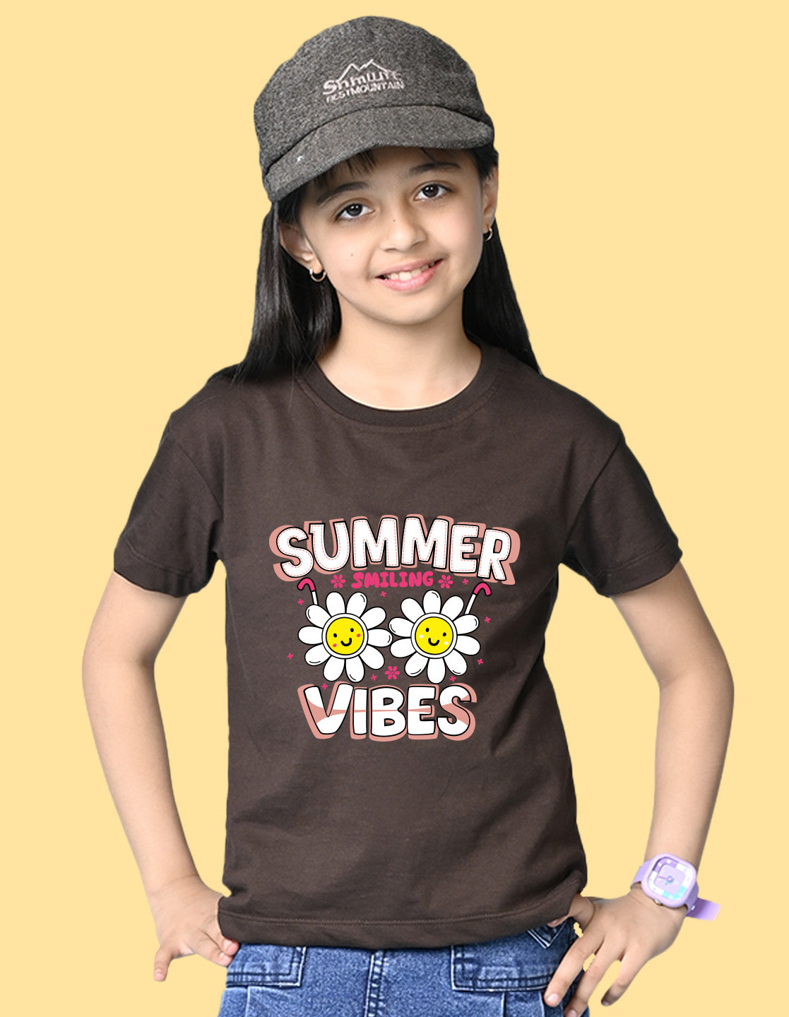 Nusyl Girls Brown Summer Vibes text Printed  Short sleeve Cotton Blend Oversized T-shirts
