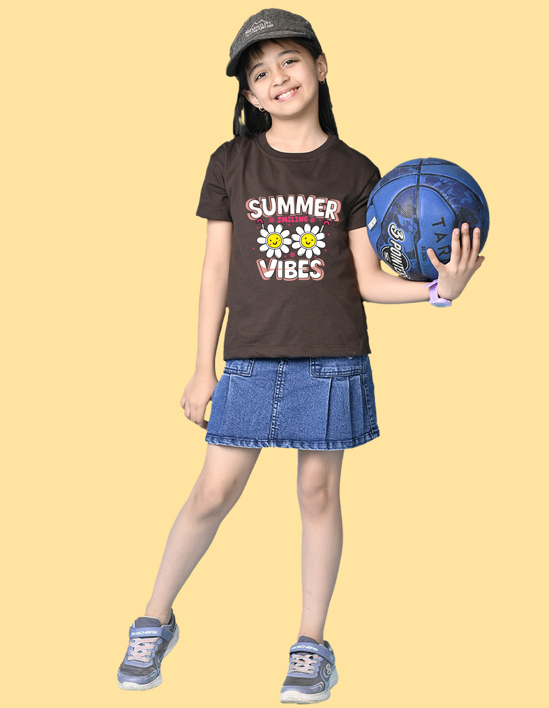 Nusyl Girls Brown Summer Vibes text Printed  Short sleeve Cotton Blend Oversized T-shirts