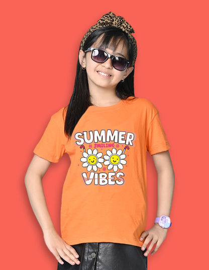 Nusyl Girls Orange Summer Vibes text Printed  Short sleeve Cotton Blend Oversized T-shirts
