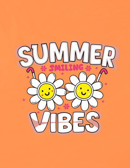 Nusyl Girls Orange Summer Vibes text Printed  Short sleeve Cotton Blend Oversized T-shirts