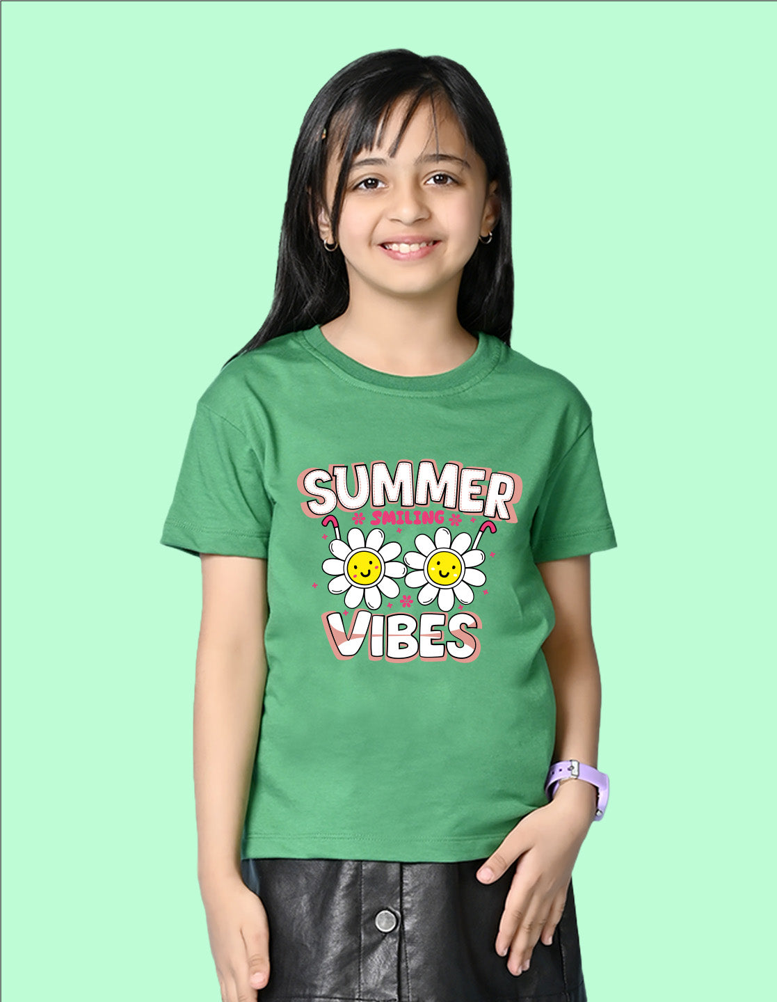 Nusyl Girls Green Summer Vibes text Printed  Short sleeve Cotton Blend Oversized T-shirts