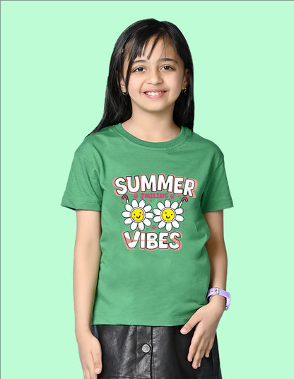 Nusyl Girls Green Summer Vibes text Printed  Short sleeve Cotton Blend Oversized T-shirts
