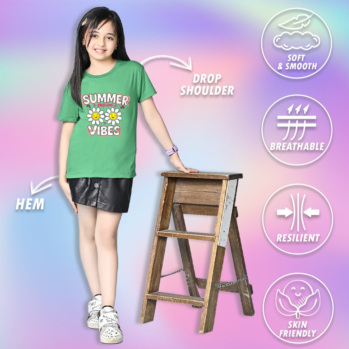 Nusyl Girls Green Summer Vibes text Printed  Short sleeve Cotton Blend Oversized T-shirts