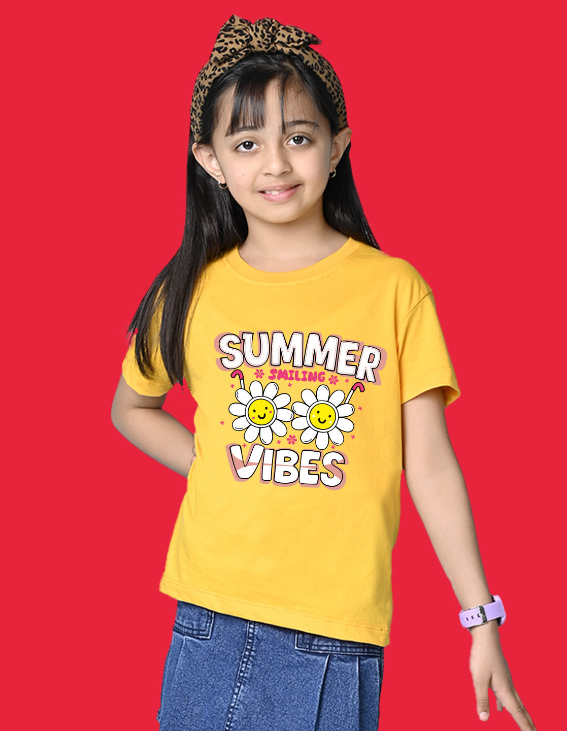 Nusyl Girls Yellow Summer Vibes text Printed  Short sleeve Cotton Blend Oversized T-shirts