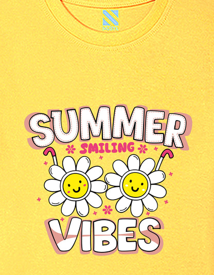 Nusyl Girls Yellow Summer Vibes text Printed  Short sleeve Cotton Blend Oversized T-shirts