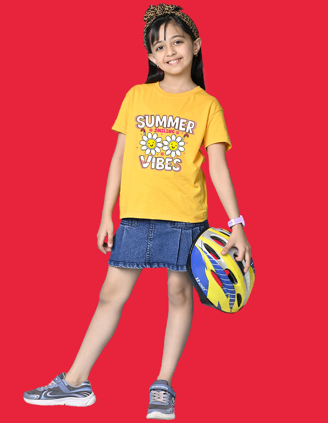 Nusyl Girls Yellow Summer Vibes text Printed  Short sleeve Cotton Blend Oversized T-shirts