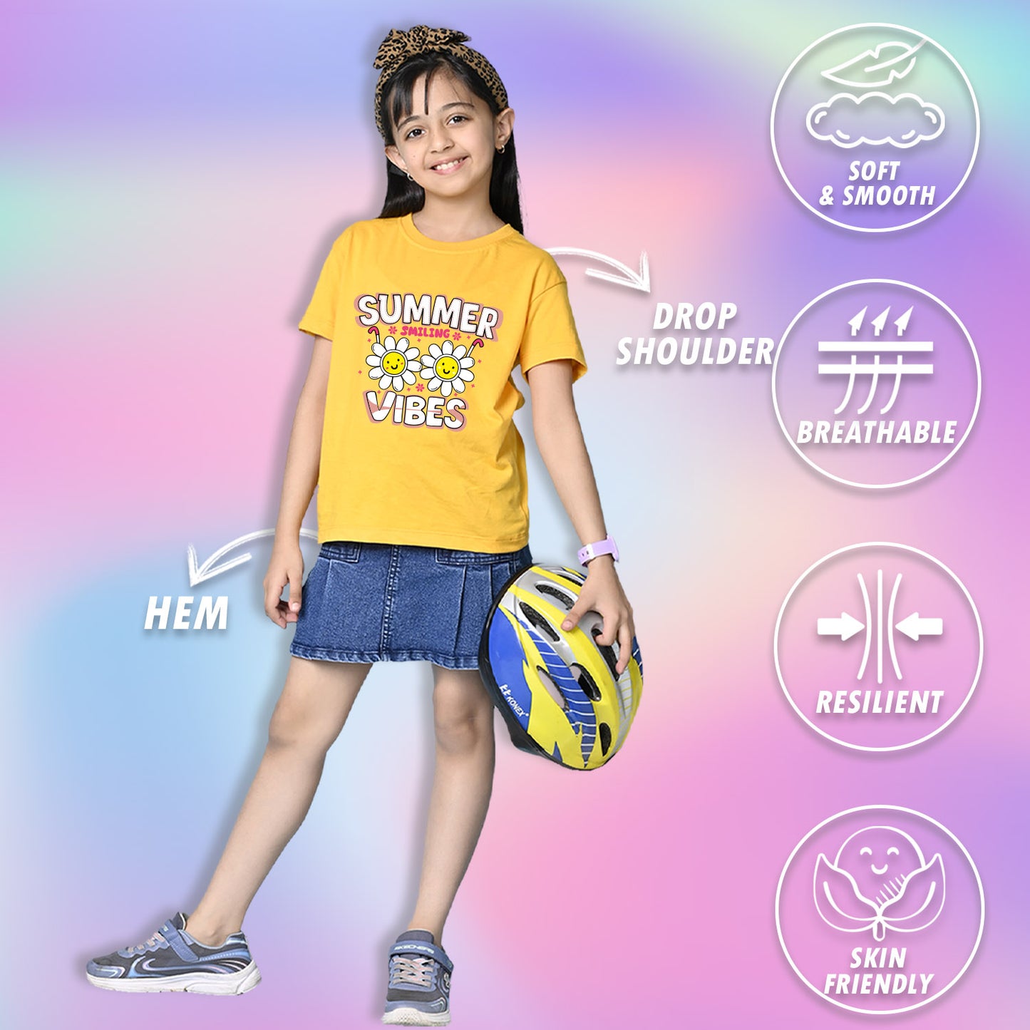 Nusyl Girls Yellow Summer Vibes text Printed  Short sleeve Cotton Blend Oversized T-shirts