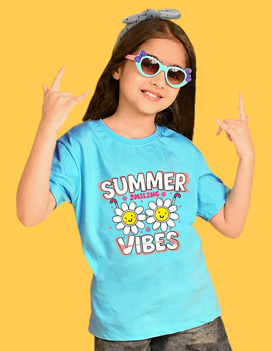 Nusyl Girls Sky Blue Summer Vibes text Printed  Short sleeve Cotton Blend Oversized T-shirts