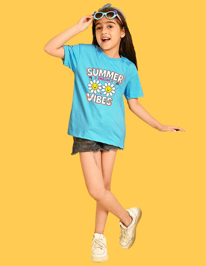 Nusyl Girls Sky Blue Summer Vibes text Printed  Short sleeve Cotton Blend Oversized T-shirts