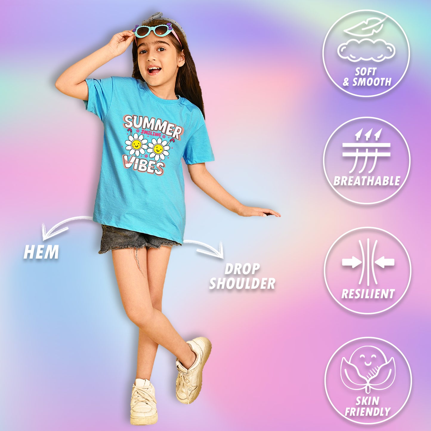 Nusyl Girls Sky Blue Summer Vibes text Printed  Short sleeve Cotton Blend Oversized T-shirts