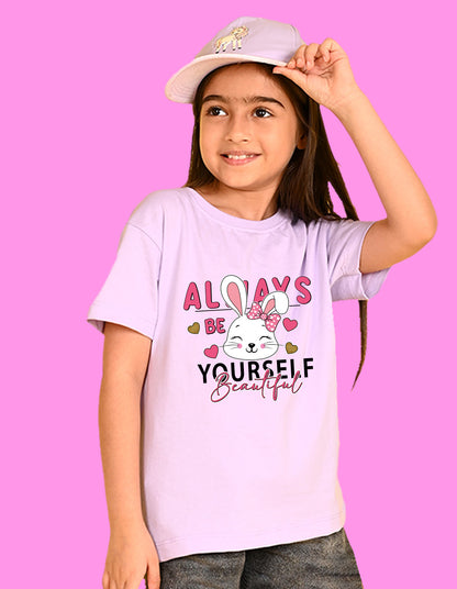 Nusyl Girls Lilac Rabbit & Text  Printed  Short sleeve Cotton Blend Oversized T-shirts