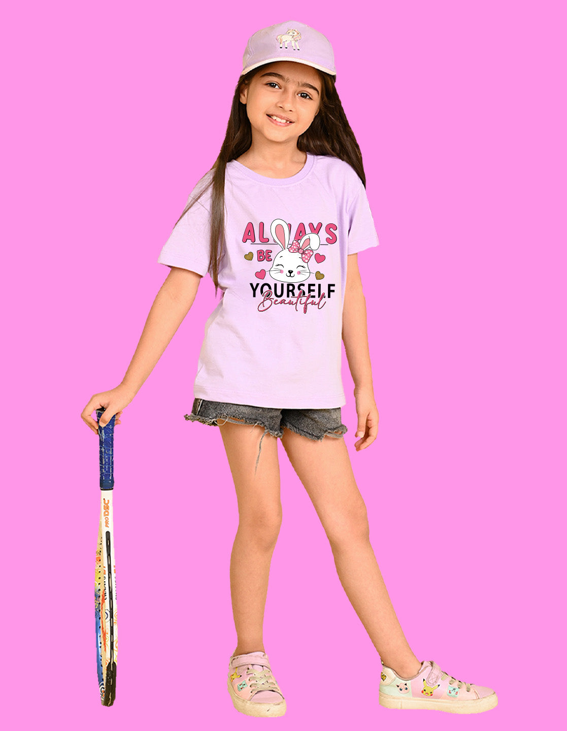 Nusyl Girls Lilac Rabbit & Text  Printed  Short sleeve Cotton Blend Oversized T-shirts