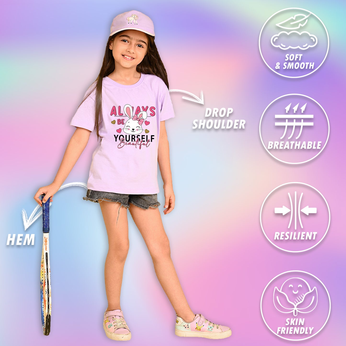 Nusyl Girls Lilac Rabbit & Text  Printed  Short sleeve Cotton Blend Oversized T-shirts