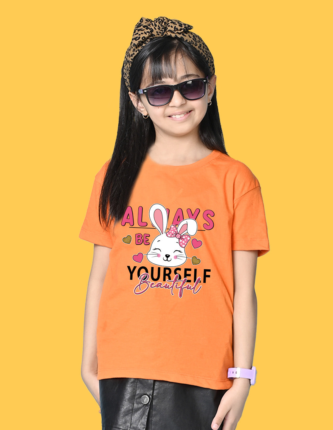 Nusyl Girls Orange Rabbit & Text  Printed  Short sleeve Cotton Blend Oversized T-shirts