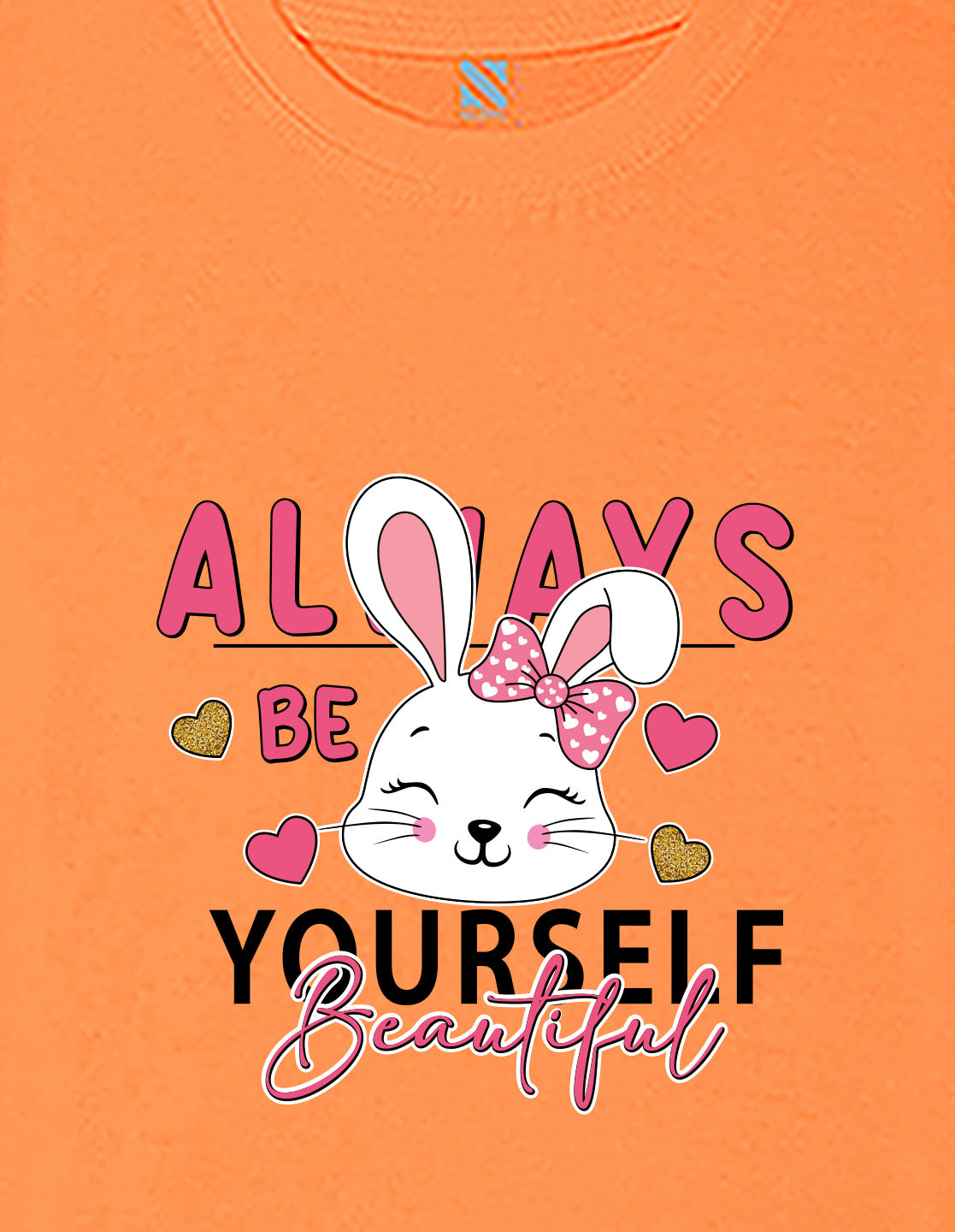 Nusyl Girls Orange Rabbit & Text  Printed  Short sleeve Cotton Blend Oversized T-shirts