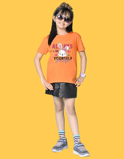 Nusyl Girls Orange Rabbit & Text  Printed  Short sleeve Cotton Blend Oversized T-shirts