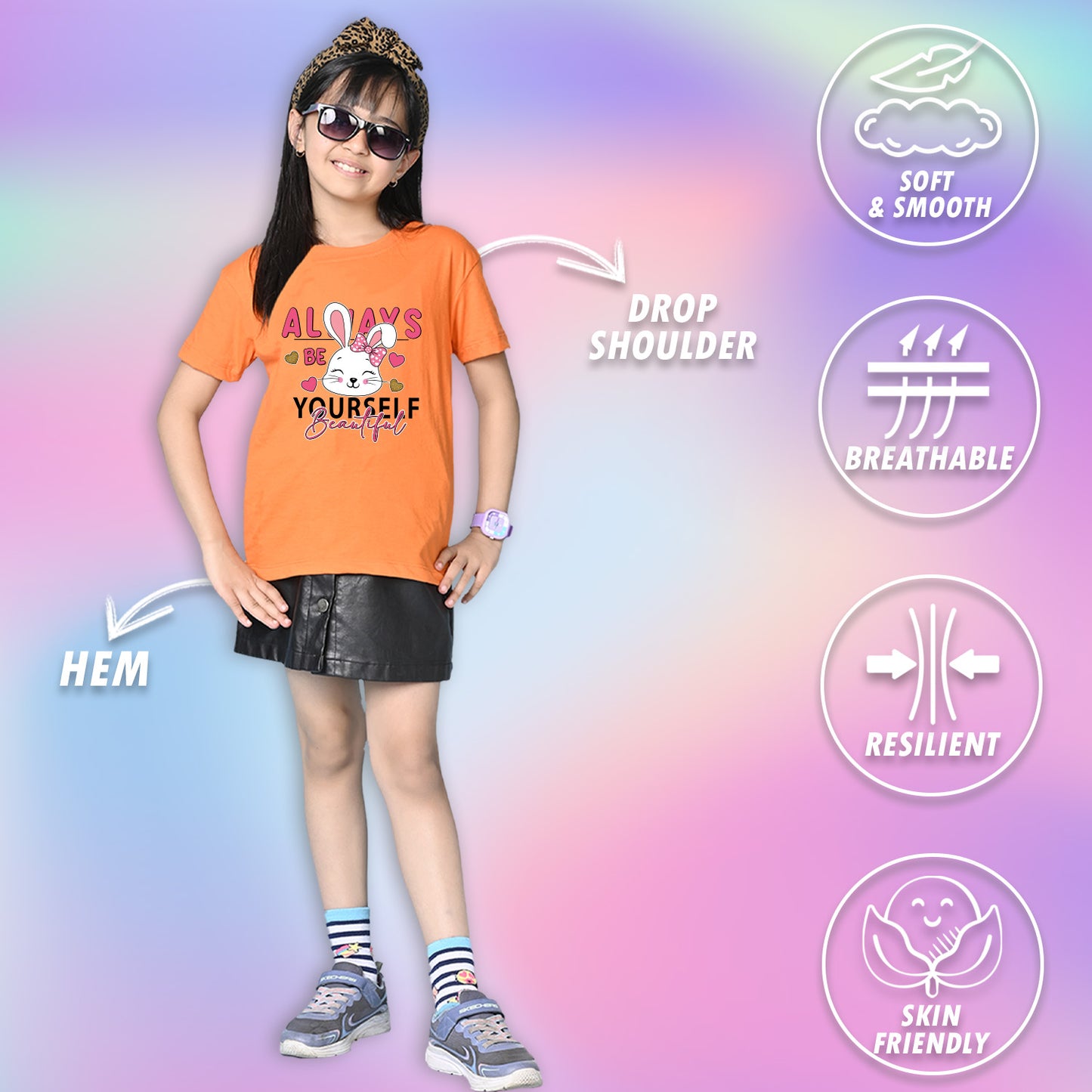 Nusyl Girls Orange Rabbit & Text  Printed  Short sleeve Cotton Blend Oversized T-shirts