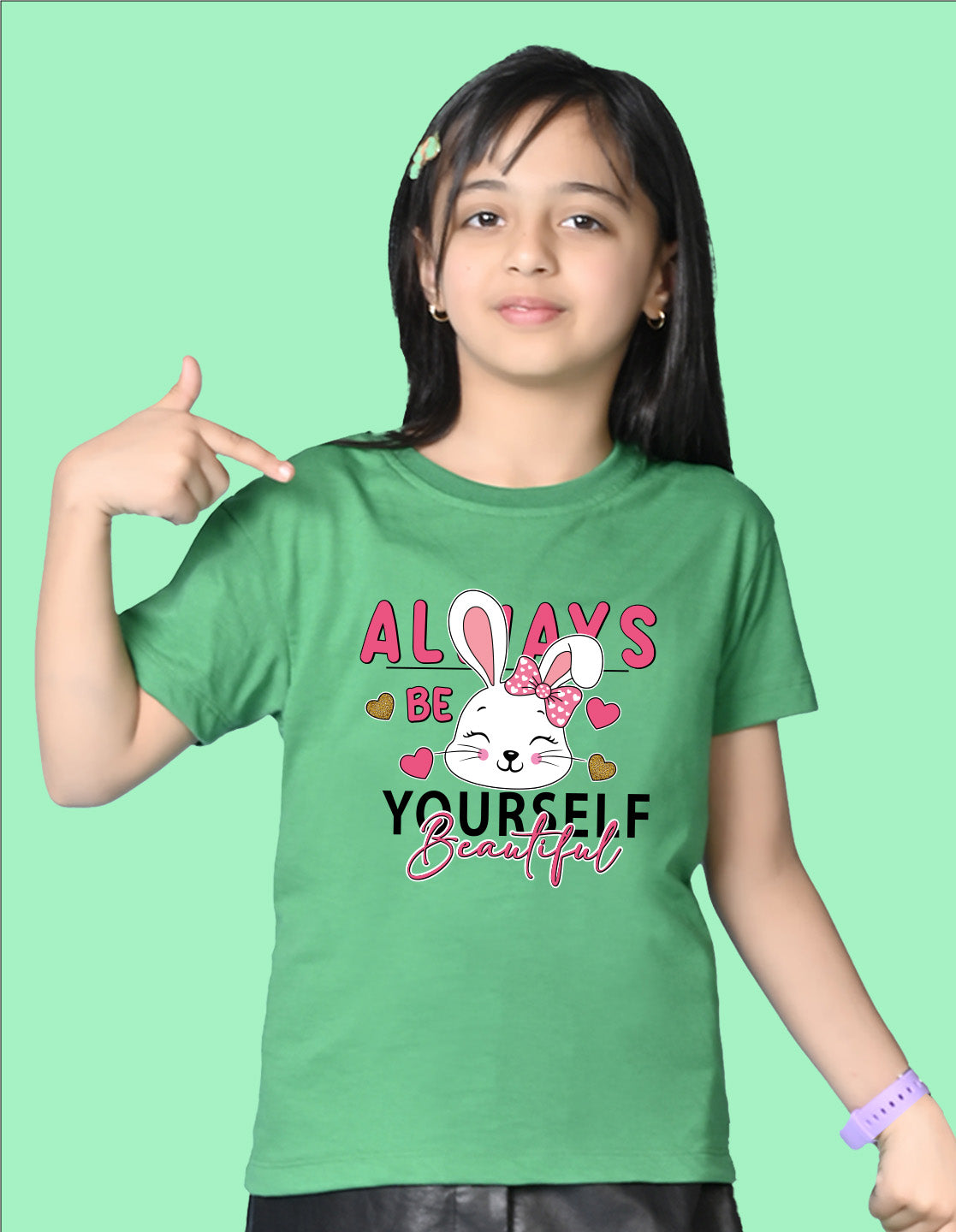 Nusyl Girls Green Rabbit & Text  Printed  Short sleeve Cotton Blend Oversized T-shirts
