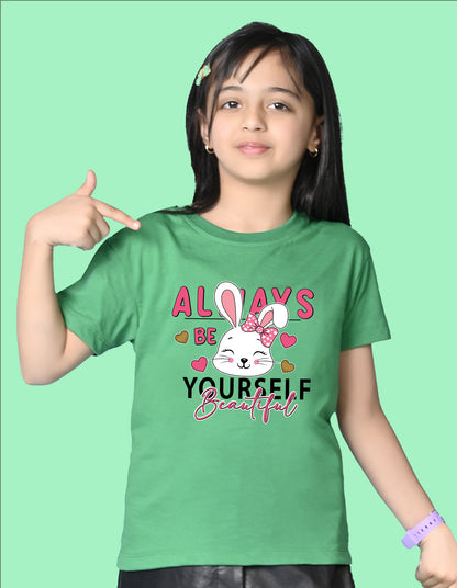 Nusyl Girls Green Rabbit & Text  Printed  Short sleeve Cotton Blend Oversized T-shirts