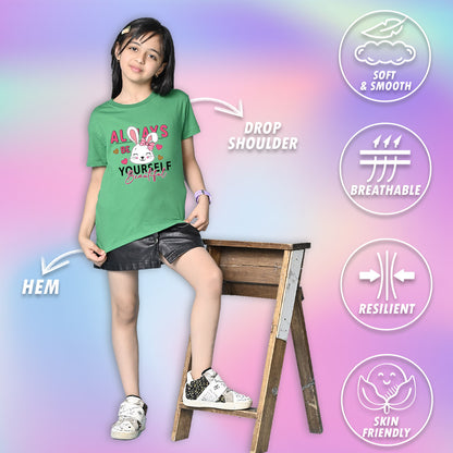Nusyl Girls Green Rabbit & Text  Printed  Short sleeve Cotton Blend Oversized T-shirts