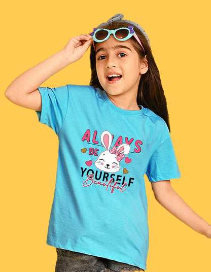 Nusyl Girls Sky Blue Rabbit & Text  Printed  Short sleeve Cotton Blend Oversized T-shirts