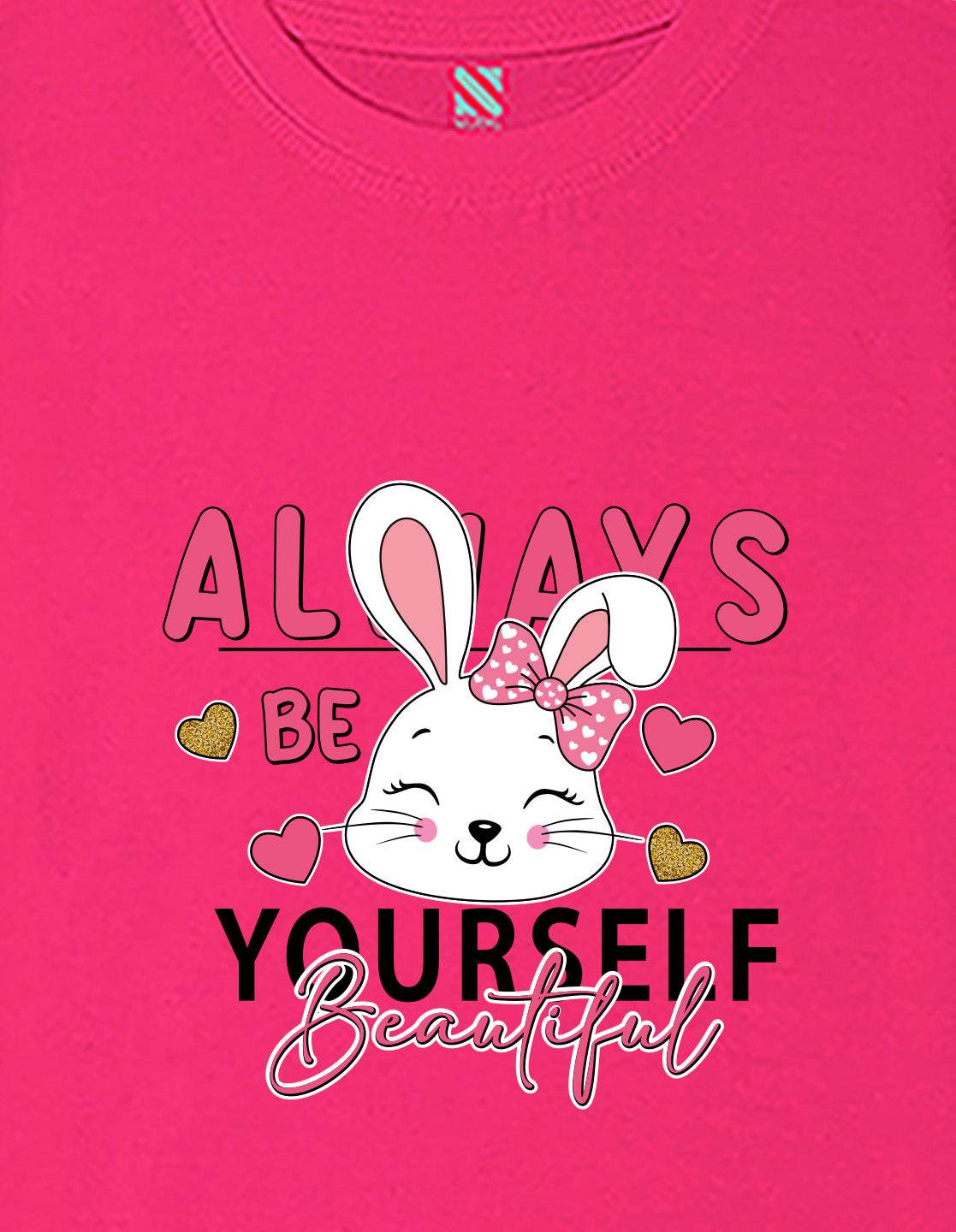 Nusyl Girls Hot Pink Rabbit & Text  Printed  Short sleeve Cotton Blend Oversized T-shirts