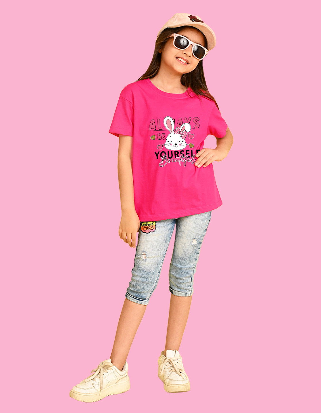 Nusyl Girls Hot Pink Rabbit & Text  Printed  Short sleeve Cotton Blend Oversized T-shirts