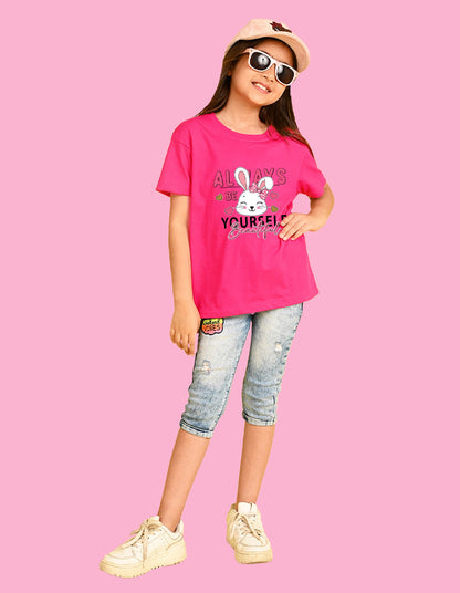 Nusyl Girls Hot Pink Rabbit & Text  Printed  Short sleeve Cotton Blend Oversized T-shirts