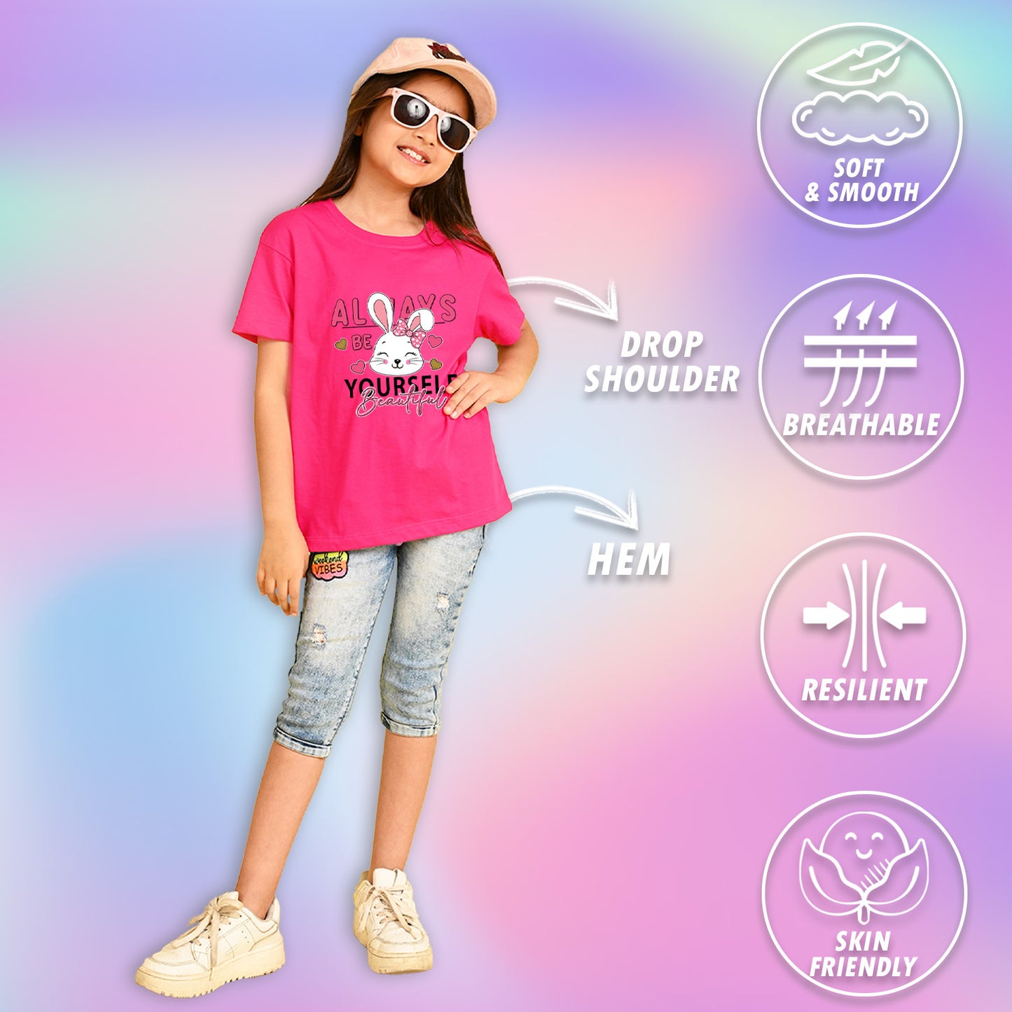 Nusyl Girls Hot Pink Rabbit & Text  Printed  Short sleeve Cotton Blend Oversized T-shirts
