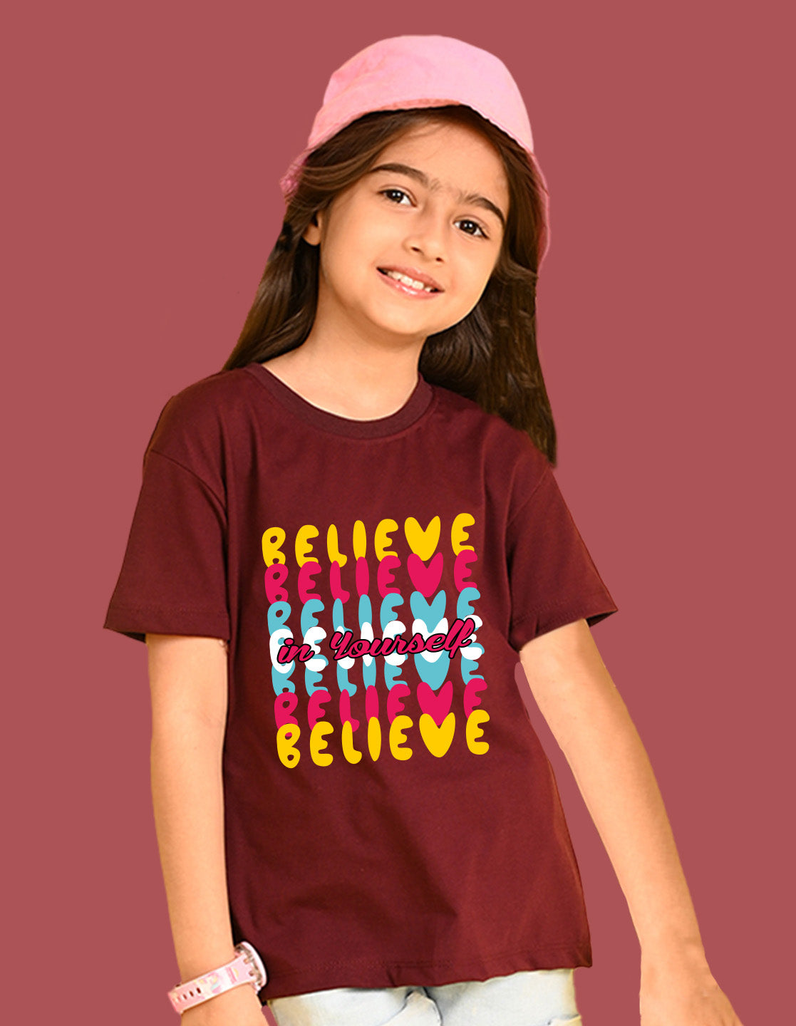 Nusyl Girls Wine Believe Text Printed  Short sleeve Cotton Blend Oversized T-shirts