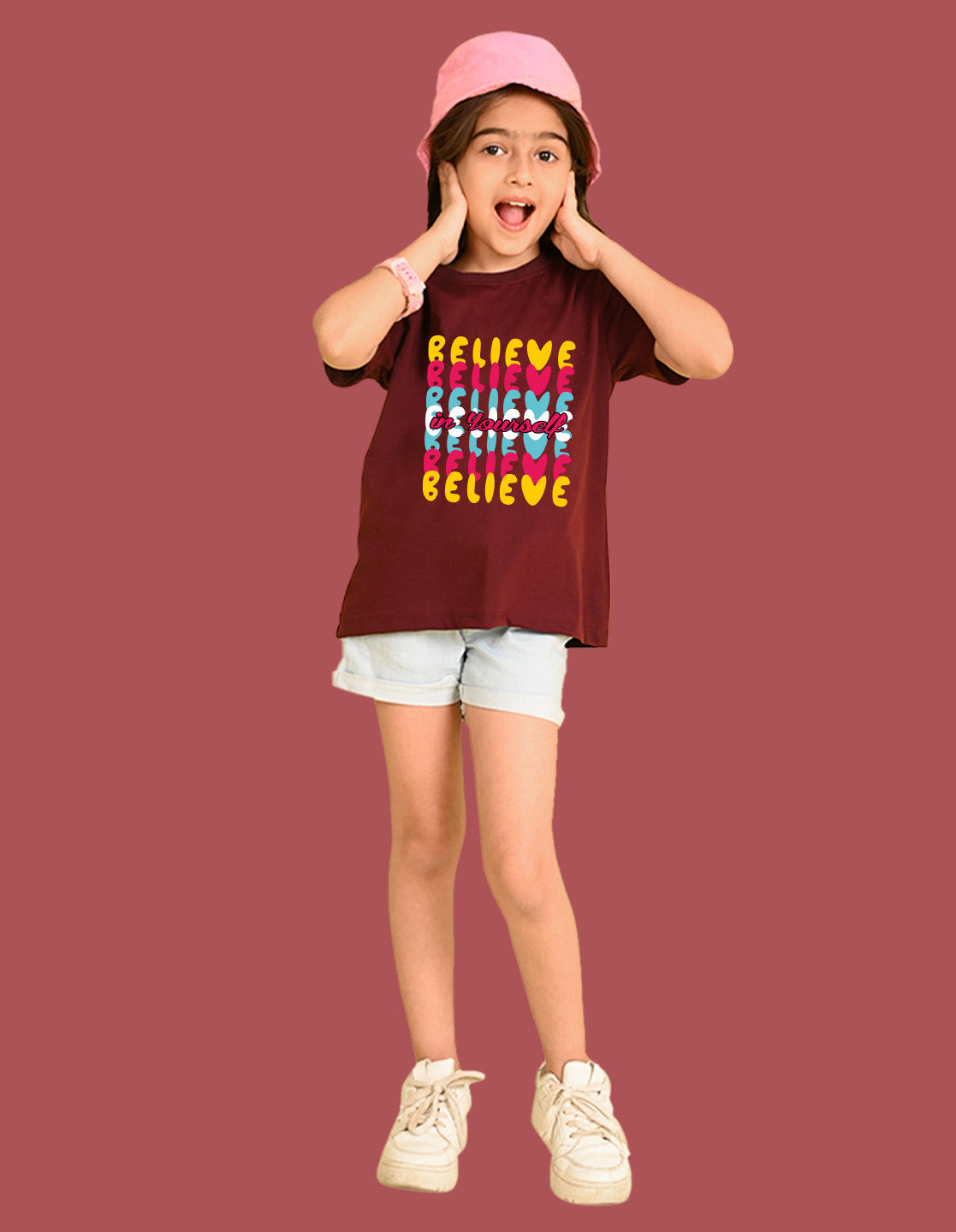 Nusyl Girls Wine Believe Text Printed  Short sleeve Cotton Blend Oversized T-shirts