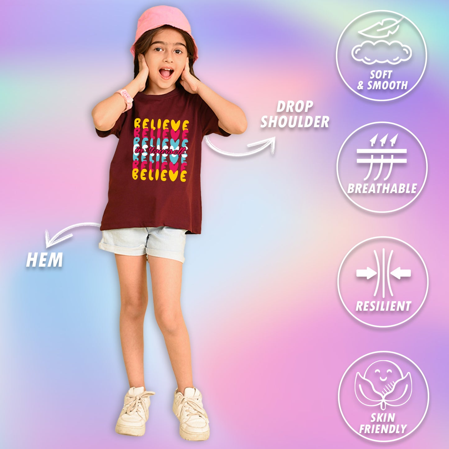 Nusyl Girls Wine Believe Text Printed  Short sleeve Cotton Blend Oversized T-shirts