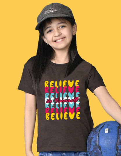 Nusyl Girls Brown Believe Text Printed  Short sleeve Cotton Blend Oversized T-shirts