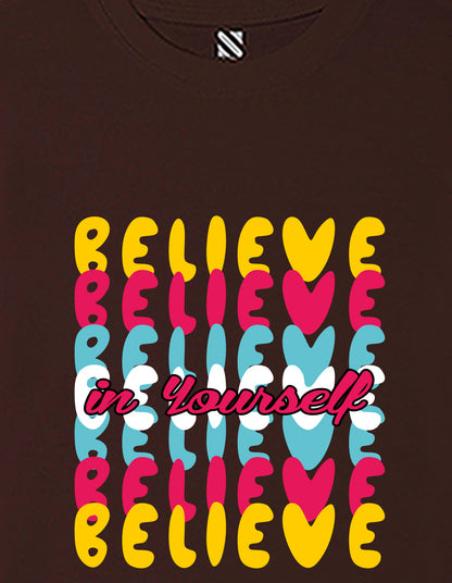 Nusyl Girls Brown Believe Text Printed  Short sleeve Cotton Blend Oversized T-shirts