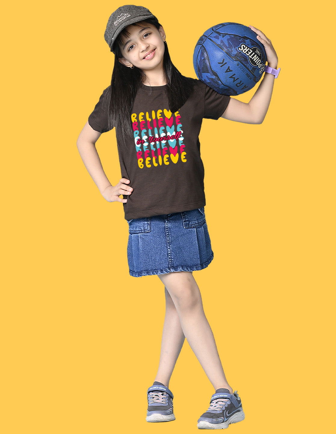 Nusyl Girls Brown Believe Text Printed  Short sleeve Cotton Blend Oversized T-shirts